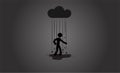 Sad stick person walking under dark raining cloud above head,