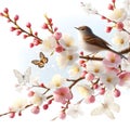 bird on a blooming apple tree branch, bright colors of nature, delicate apple tree flowers, spring Awakening, Royalty Free Stock Photo