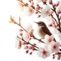 bird on a blooming apple tree branch, bright colors of nature, delicate apple tree flowers, spring Awakening, Royalty Free Stock Photo