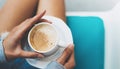 Isolation woman holding in female hands cup of coffee at home, drink cuppuccino in breakfast time in house, hipster traveler girl Royalty Free Stock Photo