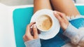Isolation woman holding in female hands cup of coffee at home, drink hot aroma cuppuccino in breakfast time in house Royalty Free Stock Photo