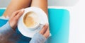 Isolation woman holding in female hands cup of coffee at home, drink hot aroma cuppuccino in breakfast time in house, hipster Royalty Free Stock Photo