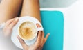 Isolation woman holding in female hands cup of coffee at home, drink hot cuppuccino in breakfast time in house, hipster girl Royalty Free Stock Photo