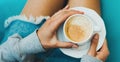 isolation woman holding in female hands cup of coffee at home, homemade drink cuppuccino in breakfast time in house, hipster Royalty Free Stock Photo