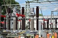 Isolators and transformers at the electrical substation. Electrical equipment Royalty Free Stock Photo