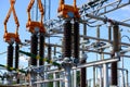 Isolators and transformers at the electrical substation. Royalty Free Stock Photo