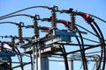 Isolators and transformers at the electrical substation. Royalty Free Stock Photo