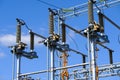 Isolators and transformers at the electrical substation. Royalty Free Stock Photo