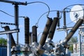 Isolators and transformers at the electrical substation. Royalty Free Stock Photo