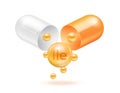 Isoleucine amino acid float out of the capsule. Vitamins complex and minerals orange isolated on white background