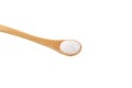 Isomalt or Isomaltitol powder in wooden spoon, close-up. Disaccharide derived from sucrose, isomaltulose. Food additive E963,