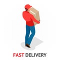 Isomeric fast delivery concept. Delivery man in red uniform holding boxes and documents. Courier order, worldwide