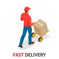 Isomeric fast delivery concept. Delivery man in red uniform