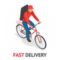 Isomeric fast delivery concept. Delivery man or cyclist in red uniform from delivery company speeding on a bike through