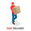 Isomeric fast delivery concept. Delivery man in red uniform