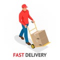 Isomeric fast delivery concept. Delivery man in red uniform holding boxes and documents. Courier order, worldwide