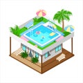 Isometric house with swimming pool, palm trees, sun loungers