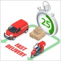 Isomertic Delivery service concept. Fast delivery truck, fast delivery motobike, stopwatch. Vector 3d isometric Royalty Free Stock Photo