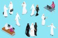 Isometirc Saudi Businessmens. Arab man and woman character set. Muslim businessman with gadgets isolated vector