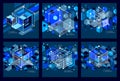 Isometric abstract dark blue backgrounds set with linear dimensional cube shapes, vector 3d mesh elements. Layout Royalty Free Stock Photo