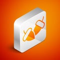 Isometric Acorn icon isolated on orange background. Silver square button. Vector