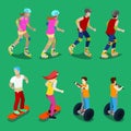 Isometric Active Sporty People on Roller-Skates, Segway and Skateboarding