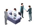 Isometric administrator. Woman talk with man. Business meeting and handshake. People on conference or office workers