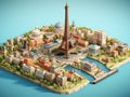 Isometric aerial view of a miniature city with European landmarks from Paris. Concept of tourism and travel