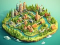 Isometric aerial view of a miniature city on an island surrounded by water with lush forest and river