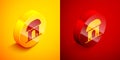 Isometric African hut icon isolated on orange and red background. African house symbol. Circle button. Vector Royalty Free Stock Photo