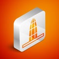 Isometric Agbar tower icon isolated on orange background. Barcelona, Spain. Silver square button. Vector