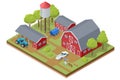 Isometric agricultural farm buildings, windmill barn and silo sheds hay garden beds and tractor.