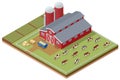 Isometric agricultural farm buildings, windmill barn and silo sheds hay garden beds and tractor. Cows on a farm. Dairy Royalty Free Stock Photo
