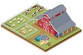 Isometric agricultural farm buildings, windmill barn and silo sheds hay garden beds and tractor. Cows pigs, sheep on a Royalty Free Stock Photo