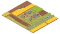 Isometric agricultural farm buildings, windmill barn and silo sheds hay garden beds and tractor. Pulling, pushing