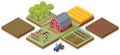 Isometric agricultural farm buildings, windmill barn and silo sheds hay garden beds and tractor. Pulling, pushing