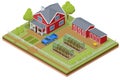 Isometric agricultural farm buildings, windmill barn and silo sheds hay garden beds and truck.
