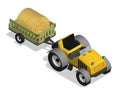 Isometric agricultural tractor with cart and roll of hay. Transport and equipment for transporting agricultural products on field Royalty Free Stock Photo