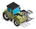 Isometric agricultural tractor with clamping tongs for loading hay into bales. Transport and equipment for agriculture. Realistic