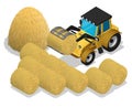 Isometric agricultural tractor with clamping tongs loading rolls of straw. Transport and equipment for agriculture. Realistic