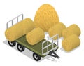 Isometric agricultural tractor hay with straw roll. Transport and equipment for transporting agricultural products on farm.