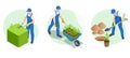 Isometric Agricultural work. Isometric gardener work on shrub, remove excess leave. Gardener trimming and landscaping