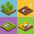 Isometric agriculture automatic guided robots harvest fruit from trees and harvest berries, combined harvester-thresher