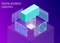 Digital business logistics concept. 3d isometric vector illustration with floating shipping container for global trade and analyti