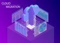 Cloud migration concept with symbol of floating cloud and upload arrow as isometric 3d vector illustration