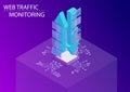 Web traffic monitoring concept. 3d isometric vector illustration with floating upload and download arrows including monitoring dab