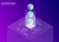 Blockchain concept. 3d isometric vector illustration with floating connected blocks and data flow