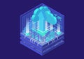 Cloud transformation concept with symbol of floating cloud and upload arrow as isometric 3d vector illustration