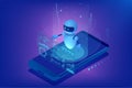 Isometric AI chatbot robot interacting with holographic data dashboards above a smartphone. Neon blue and purple