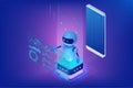 Isometric AI chatbot robot interacting with holographic data dashboards above a smartphone. Neon blue and purple
